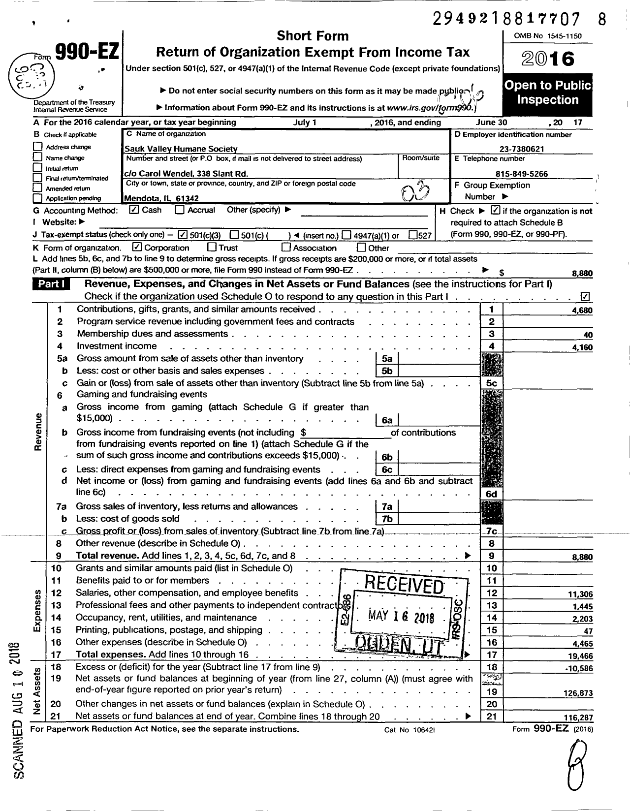 Image of first page of 2016 Form 990EZ for Sauk Valley Humane Society