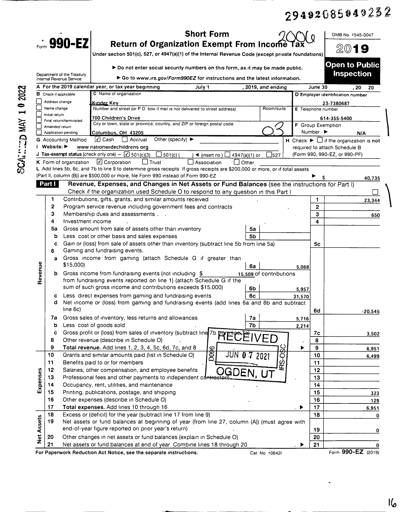 Image of first page of 2019 Form 990EZ for Kinder Key