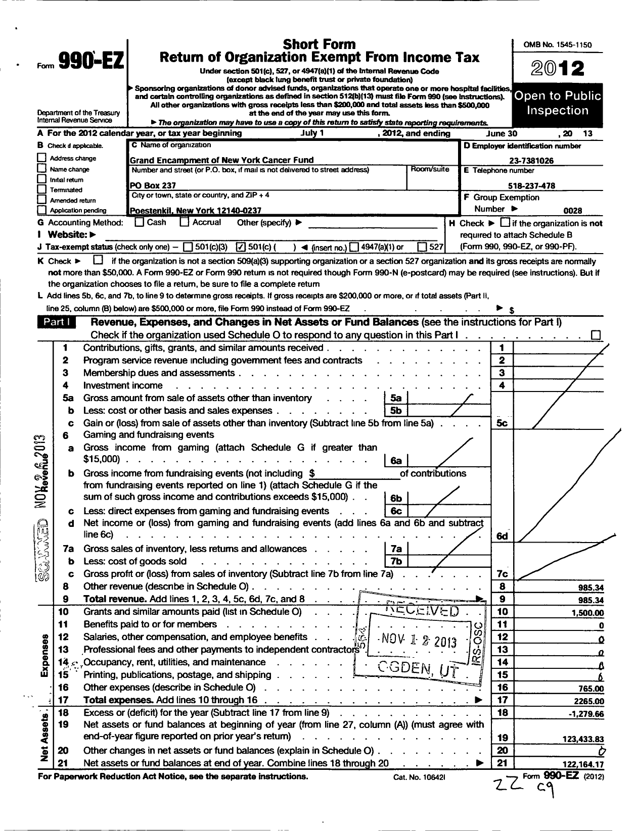 Image of first page of 2012 Form 990EO for Grand Encampment of New York Cancer Fund