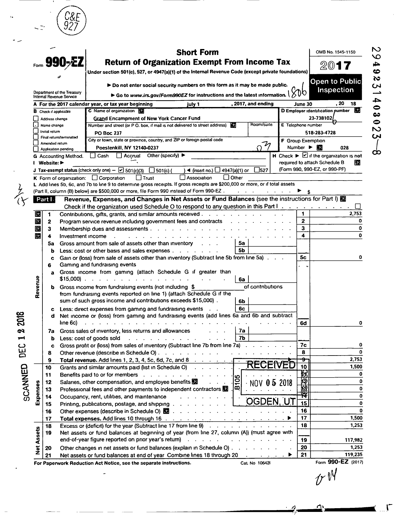 Image of first page of 2017 Form 990EZ for Grand Encampment of New York Cancer Fund