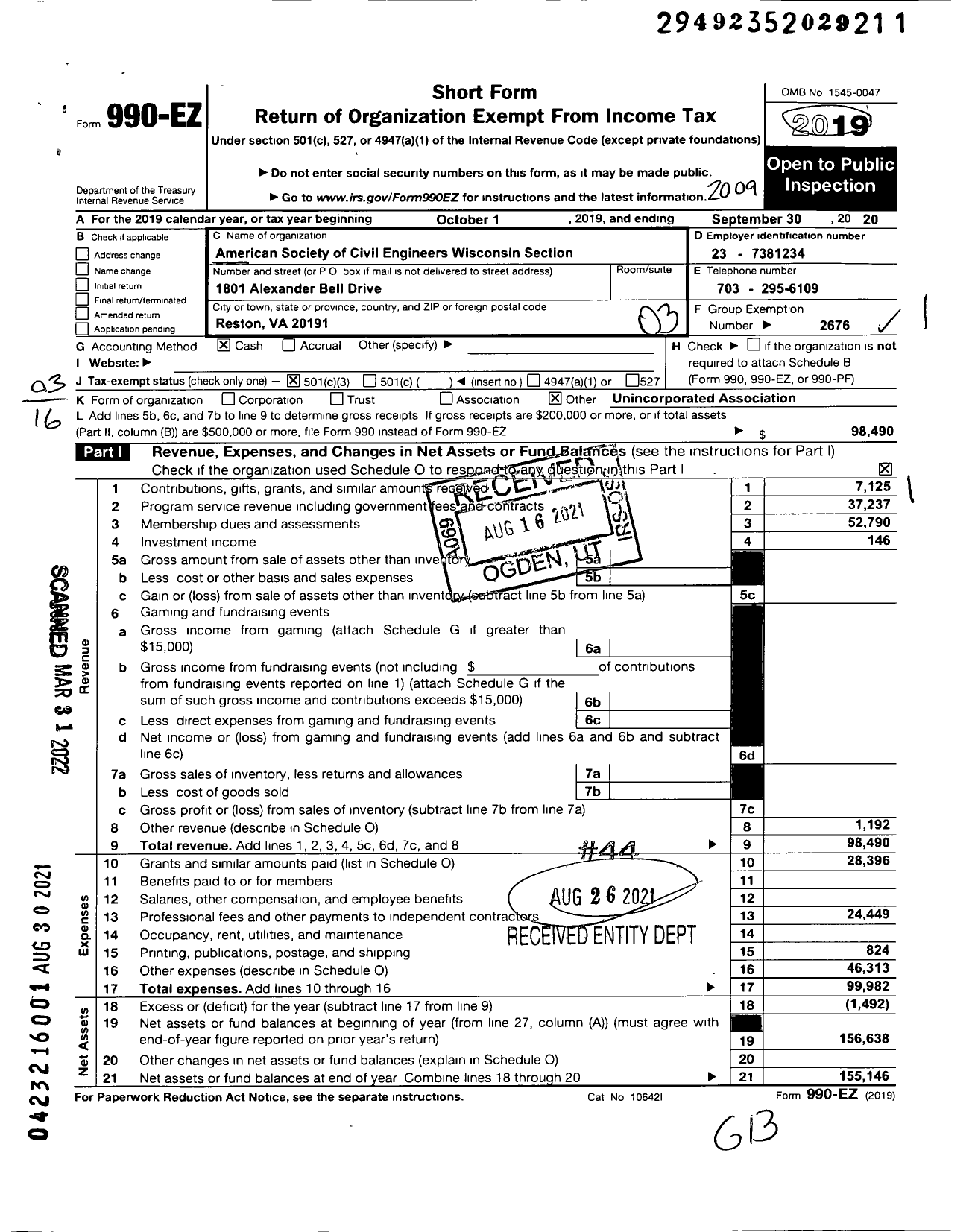 Image of first page of 2019 Form 990EZ for AMERICAN SOCIETY OF CIVIL ENGINEERS Wisconsin Section