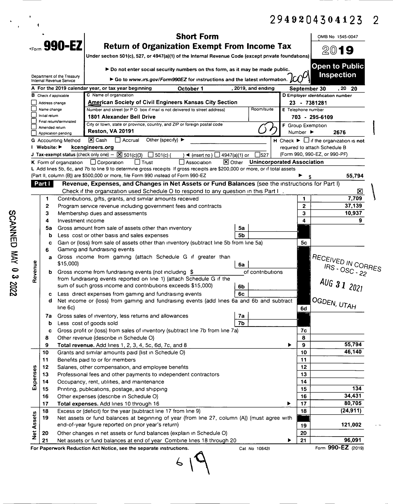 Image of first page of 2019 Form 990EZ for AMERICAN SOCIETY OF CIVIL ENGINEERS Kansas City Section