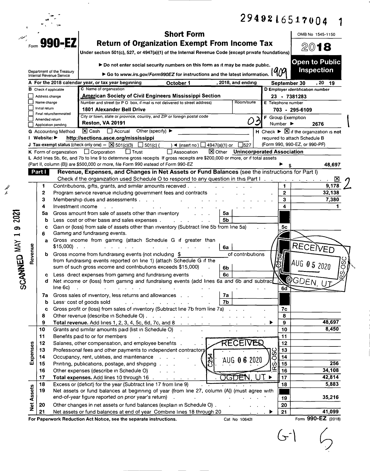 Image of first page of 2018 Form 990EZ for American Society of Civil Engineers / Mississippi Section