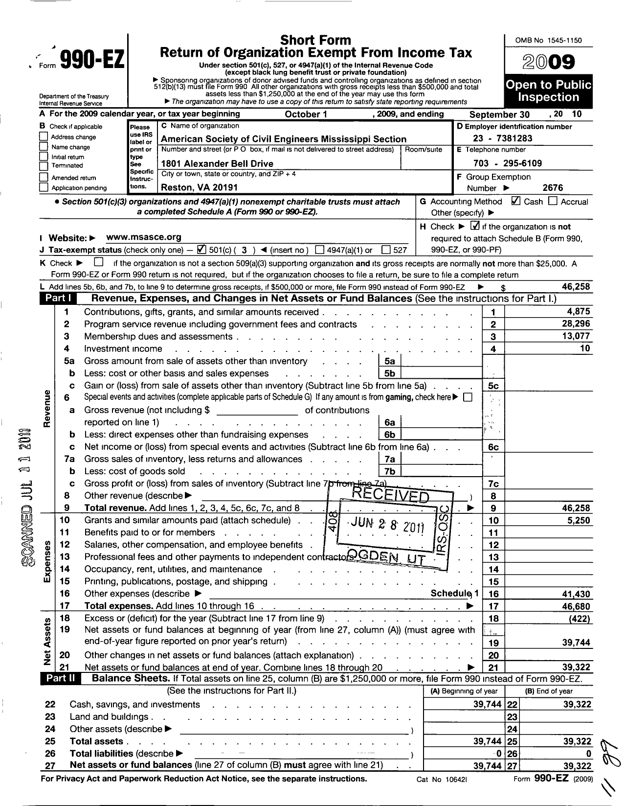 Image of first page of 2009 Form 990EZ for American Society of Civil Engineers / Mississippi Section