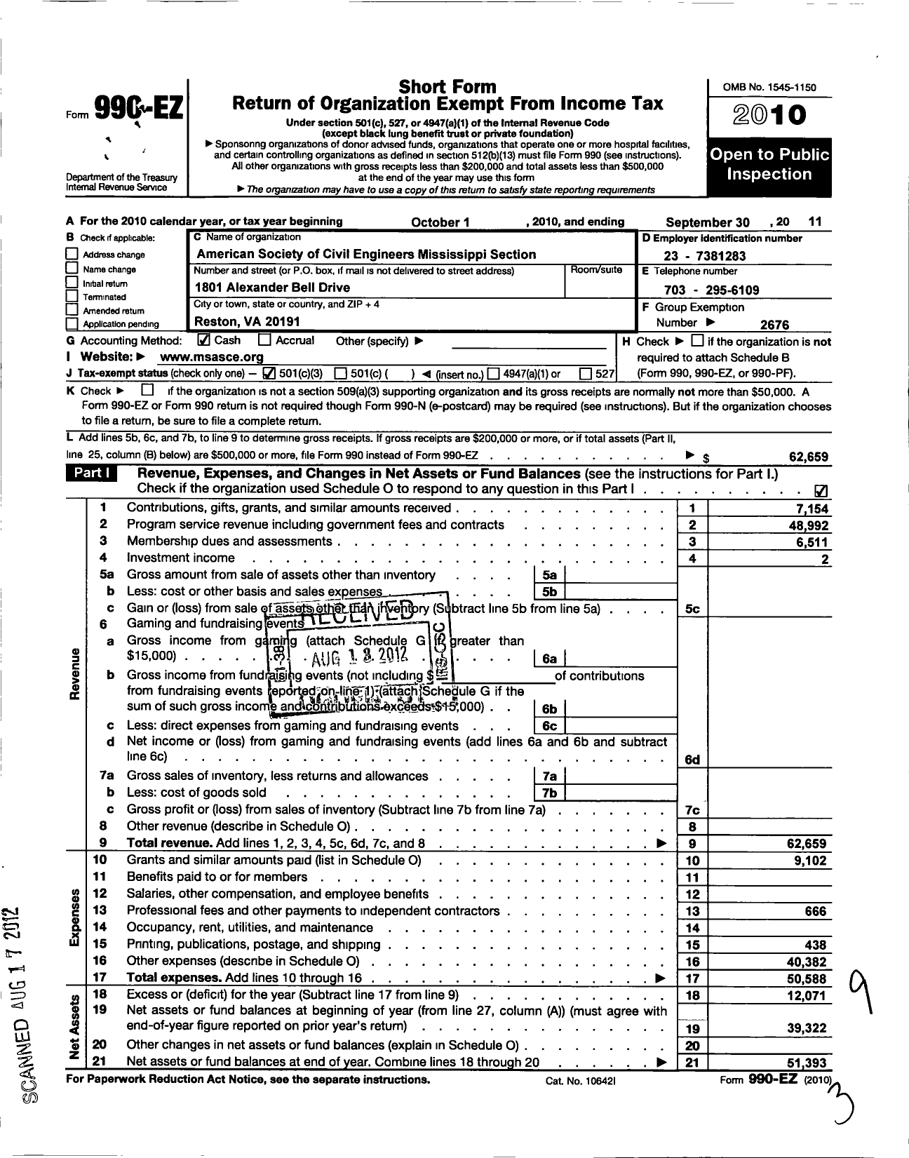 Image of first page of 2010 Form 990EZ for American Society of Civil Engineers / Mississippi Section