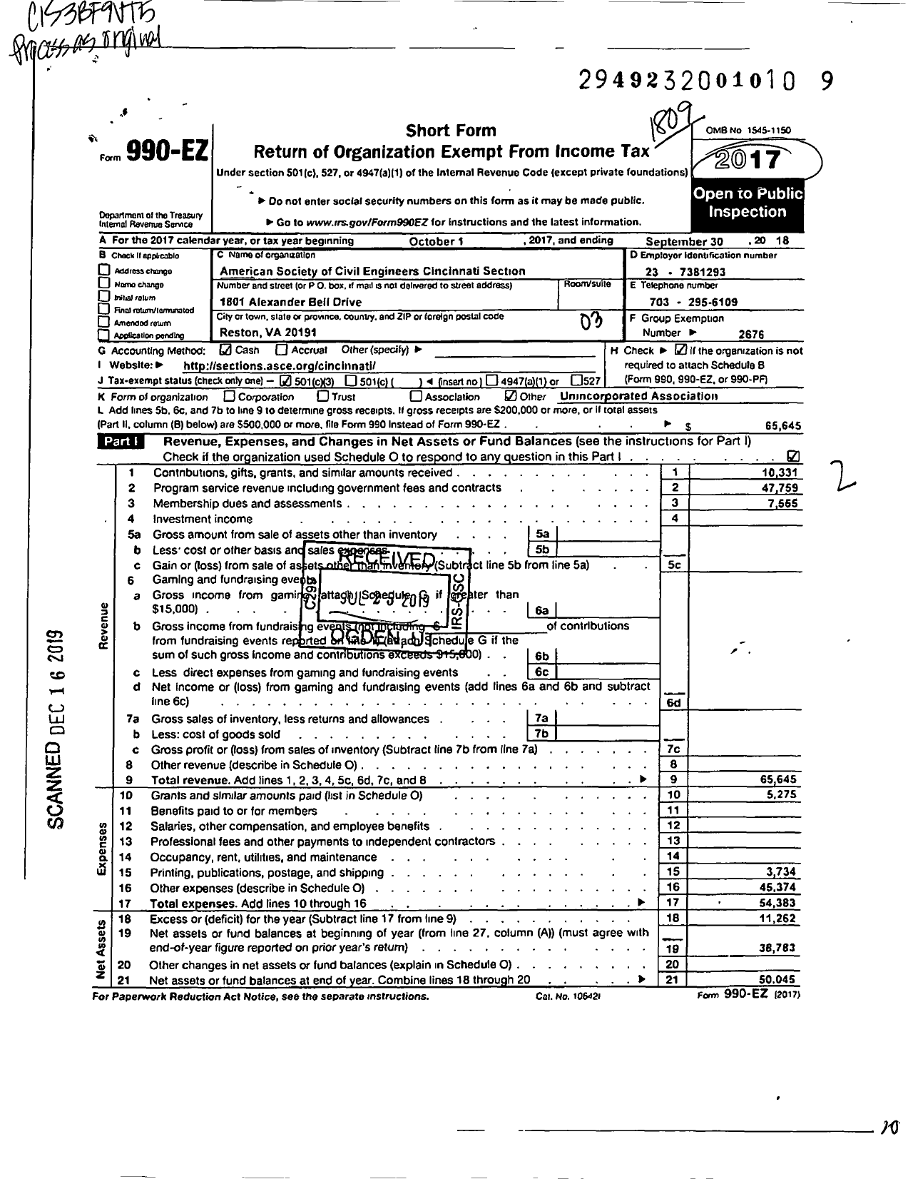 Image of first page of 2017 Form 990EZ for AMERICAN SOCIETY OF CIVIL ENGINEERS / Cincinnati Section