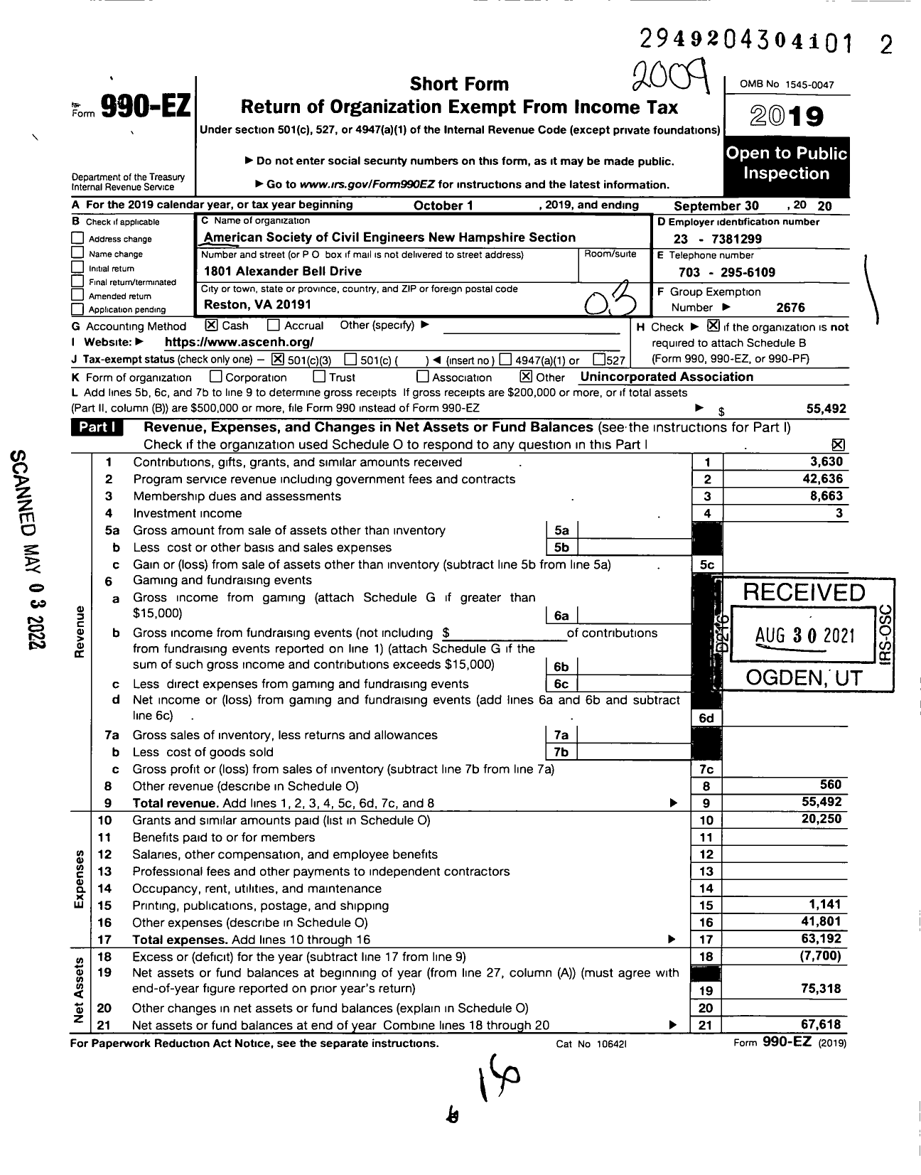 Image of first page of 2019 Form 990EZ for AMERICAN SOCIETY OF CIVIL ENGINEERS New Hampshire Section