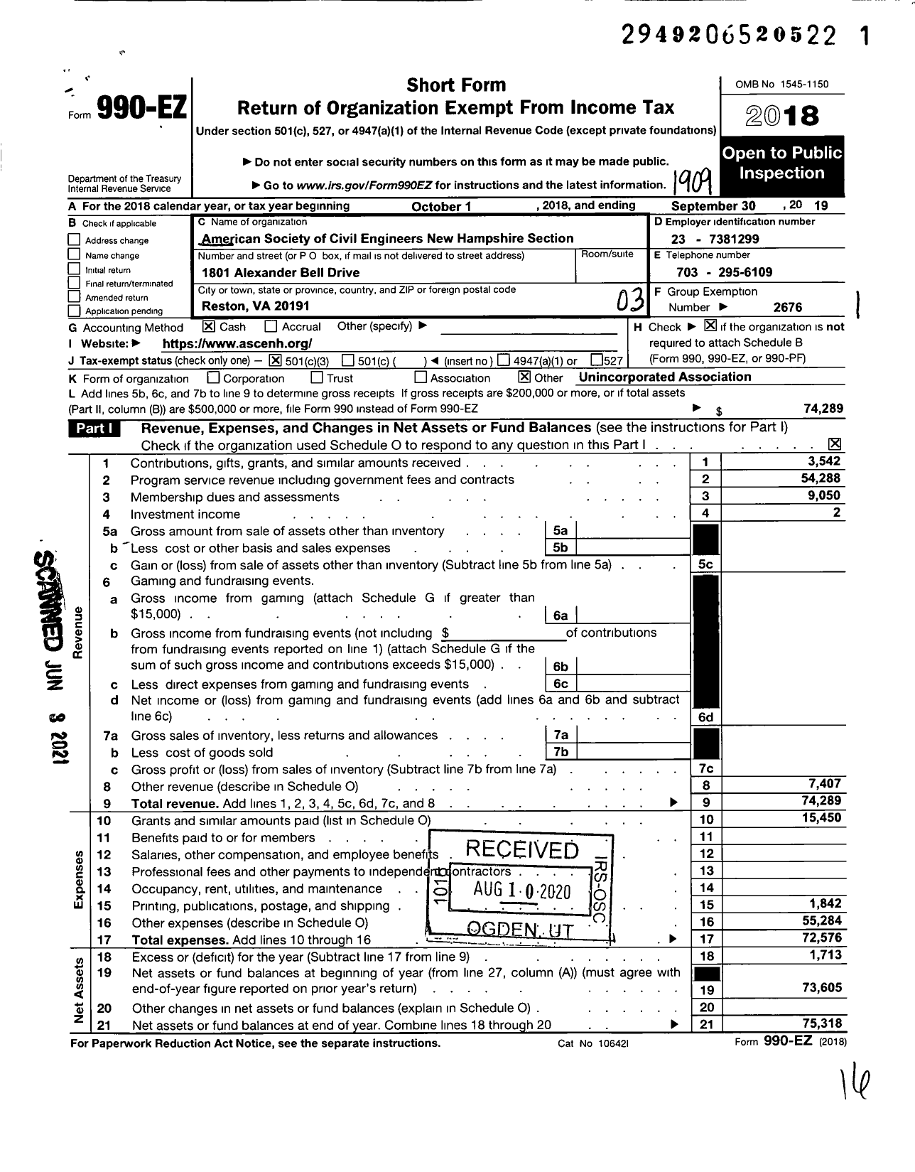 Image of first page of 2018 Form 990EZ for AMERICAN SOCIETY OF CIVIL ENGINEERS New Hampshire Section