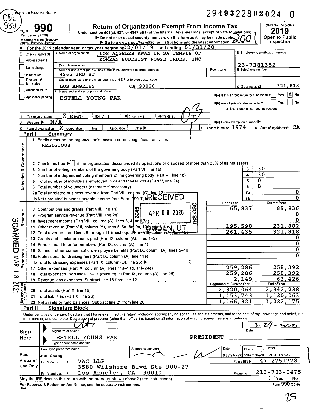 Image of first page of 2019 Form 990 for Los Angeles Kwan Um Sa Temple of Korean Buddhist Jogye Order