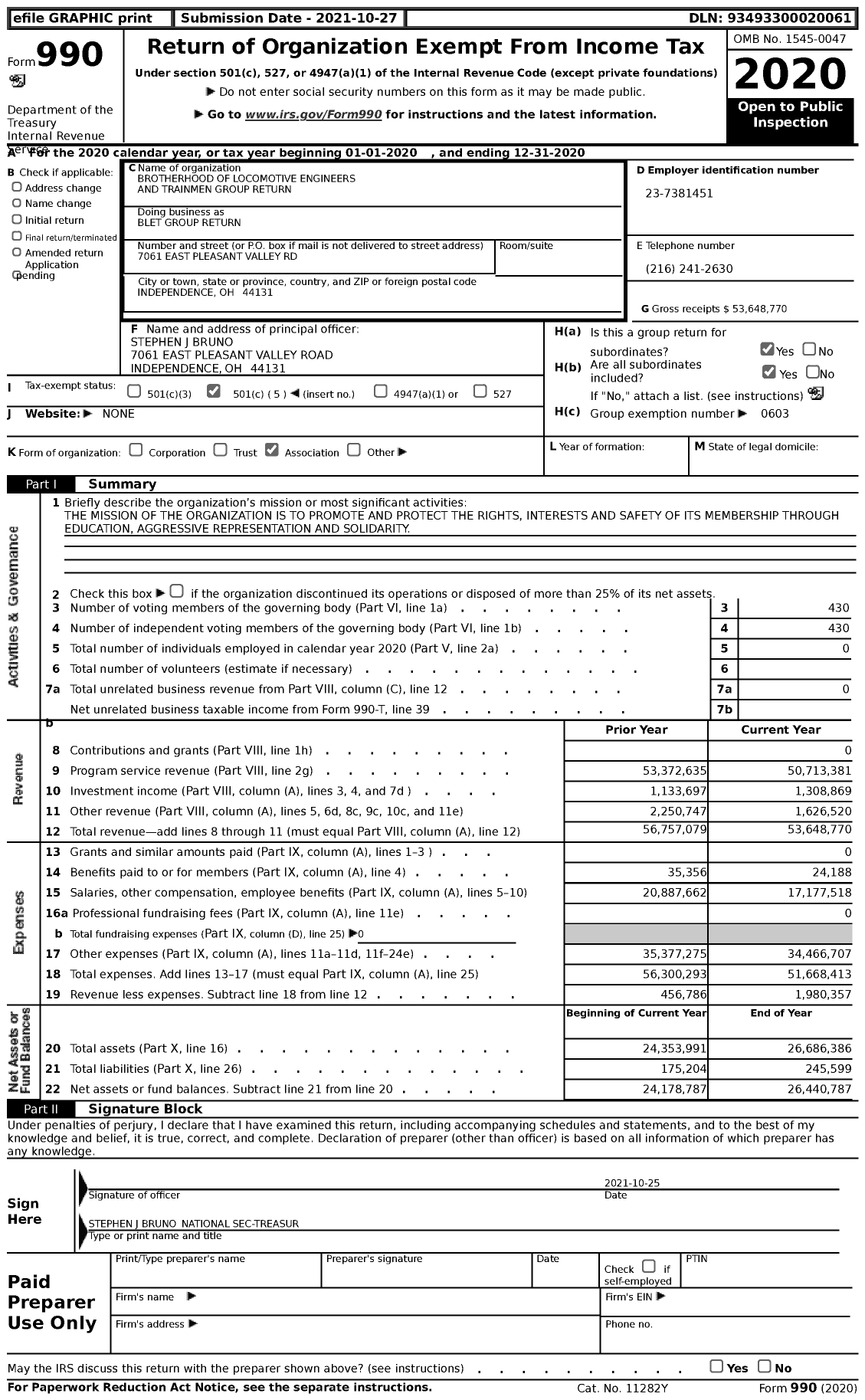 Image of first page of 2020 Form 990 for Brotherhood of Locomotive Engineers & Trainmen - Blet Group Return