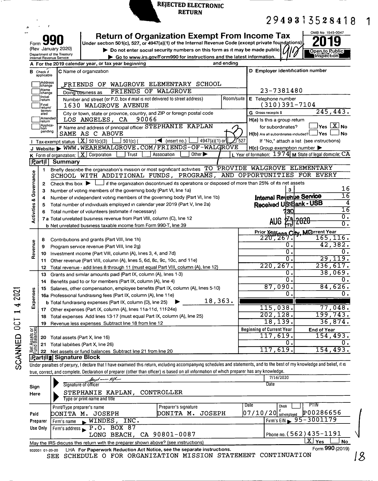 Image of first page of 2019 Form 990 for Friends of Walgrove