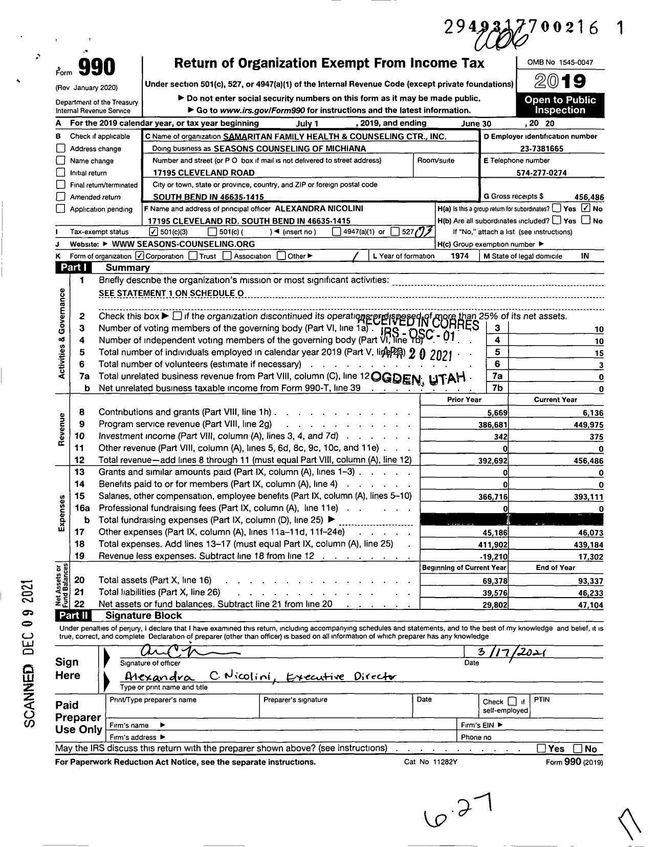 Image of first page of 2019 Form 990 for Seasons Counseling of Michiana