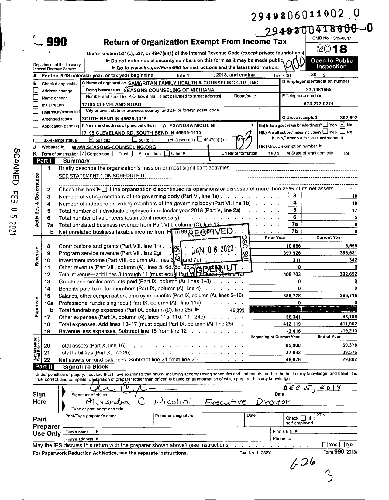 Image of first page of 2018 Form 990 for Seasons Counseling of Michiana