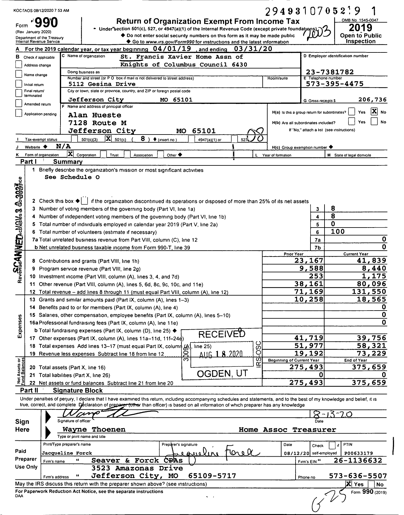 Image of first page of 2019 Form 990O for St Francis Xavier Home Association of Knights of Columbus Council 6430