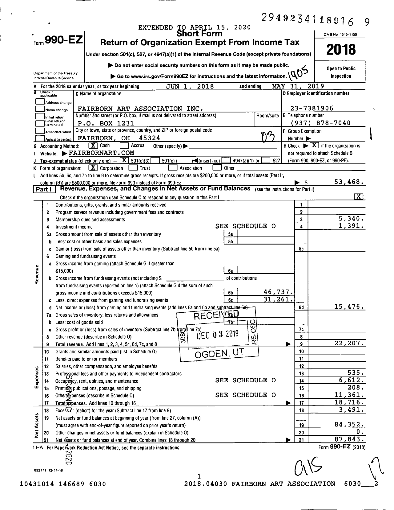 Image of first page of 2018 Form 990EZ for Fairborn Art Association