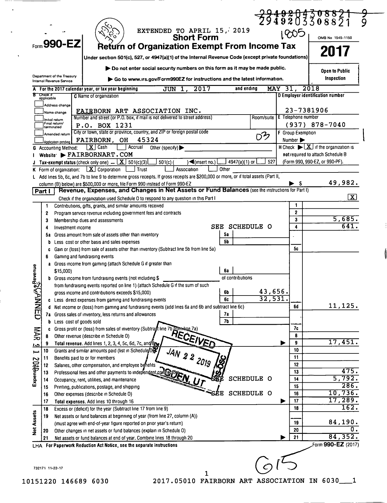 Image of first page of 2017 Form 990EZ for Fairborn Art Association