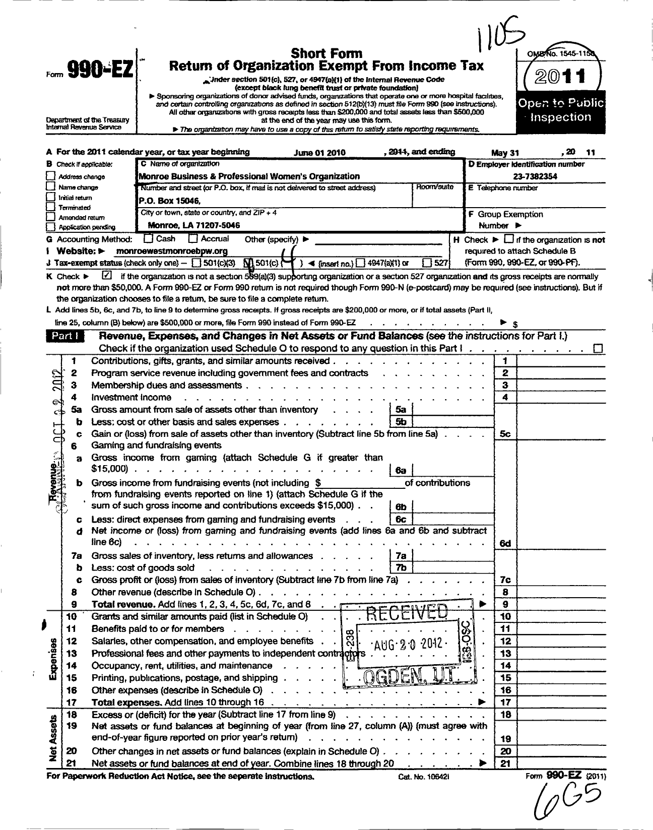Image of first page of 2010 Form 990EO for Monroe Business and Professional Womens Organization