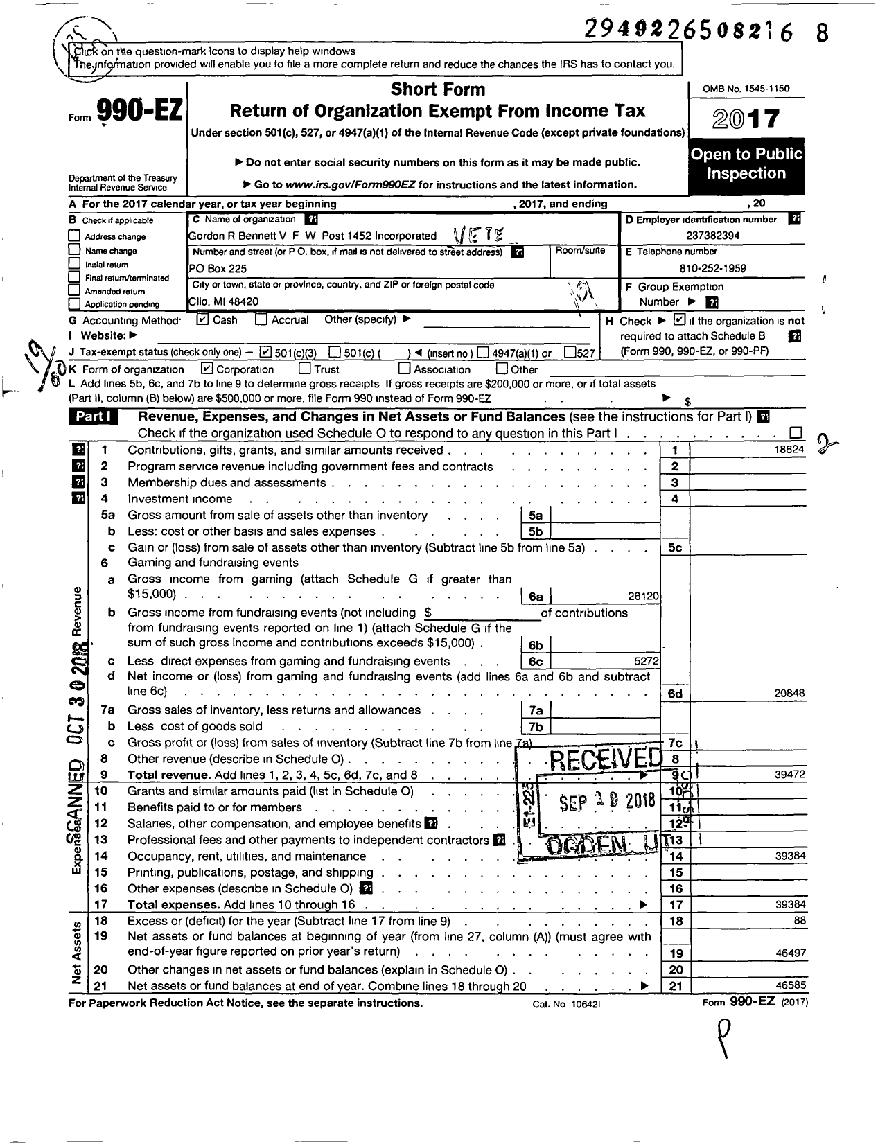 Image of first page of 2017 Form 990EO for VFW Department of Michigan - Dist 10 1452 Gordon R Bennett