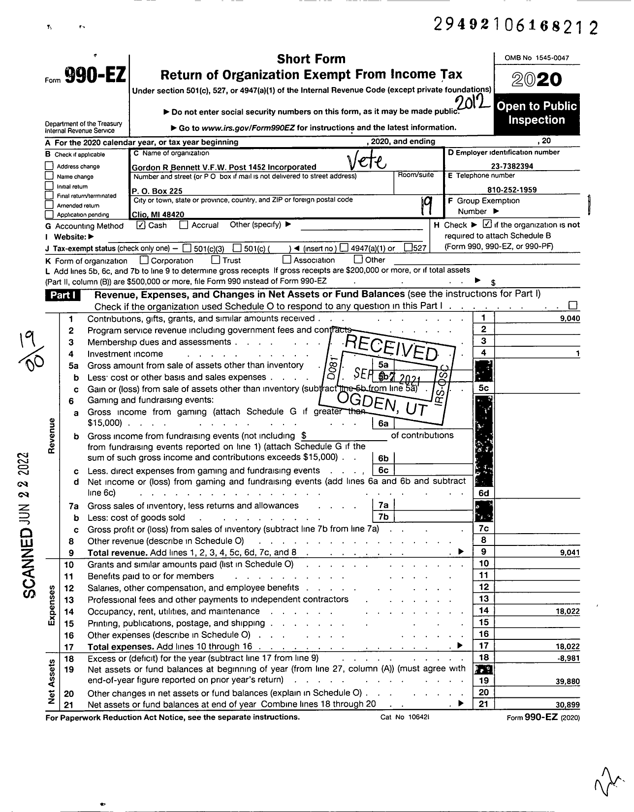Image of first page of 2020 Form 990EO for VFW Department of Michigan - Dist 10 1452 Gordon R Bennett