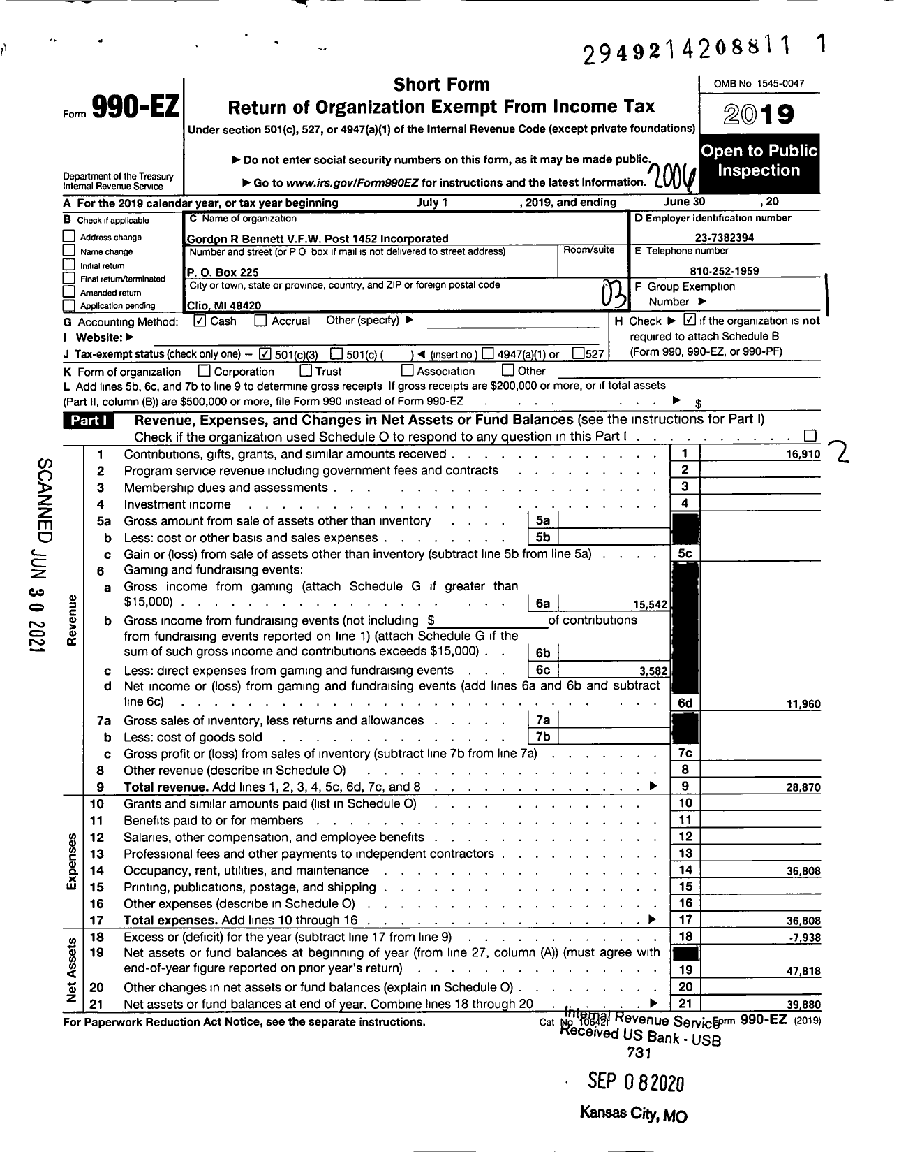 Image of first page of 2019 Form 990EZ for VFW Department of Michigan - Dist 10 1452 Gordon R Bennett