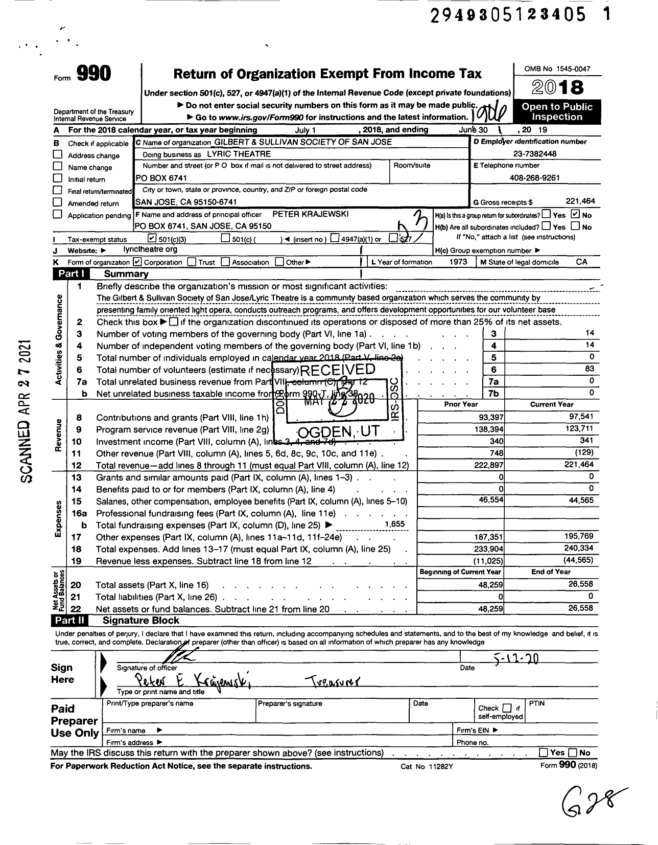 Image of first page of 2018 Form 990 for Gilbert AND SULLIVAN SOCIETY OF San Jose Lyric Theatre