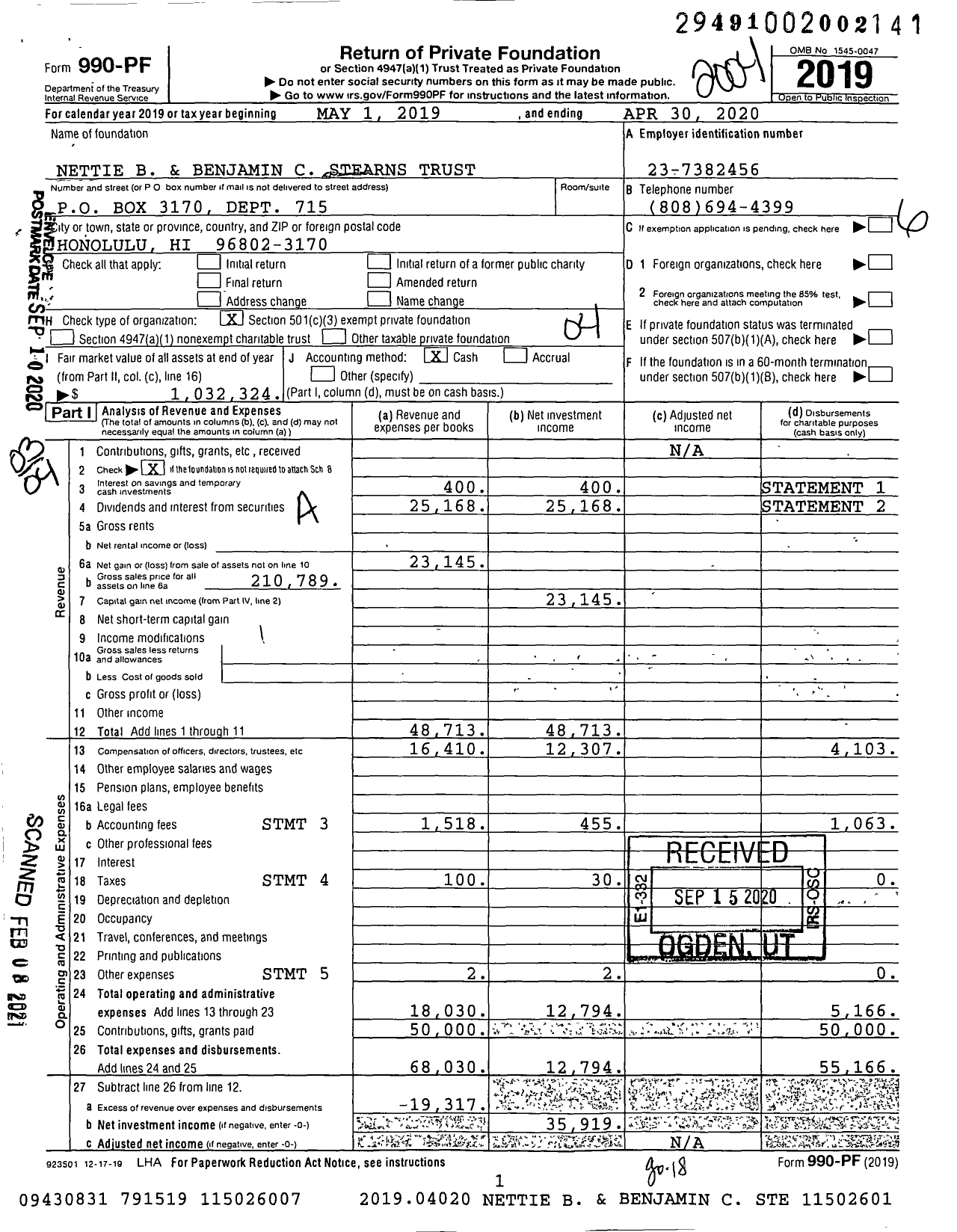 Image of first page of 2019 Form 990PF for Nettie B and Benjamin C Stearns Trust