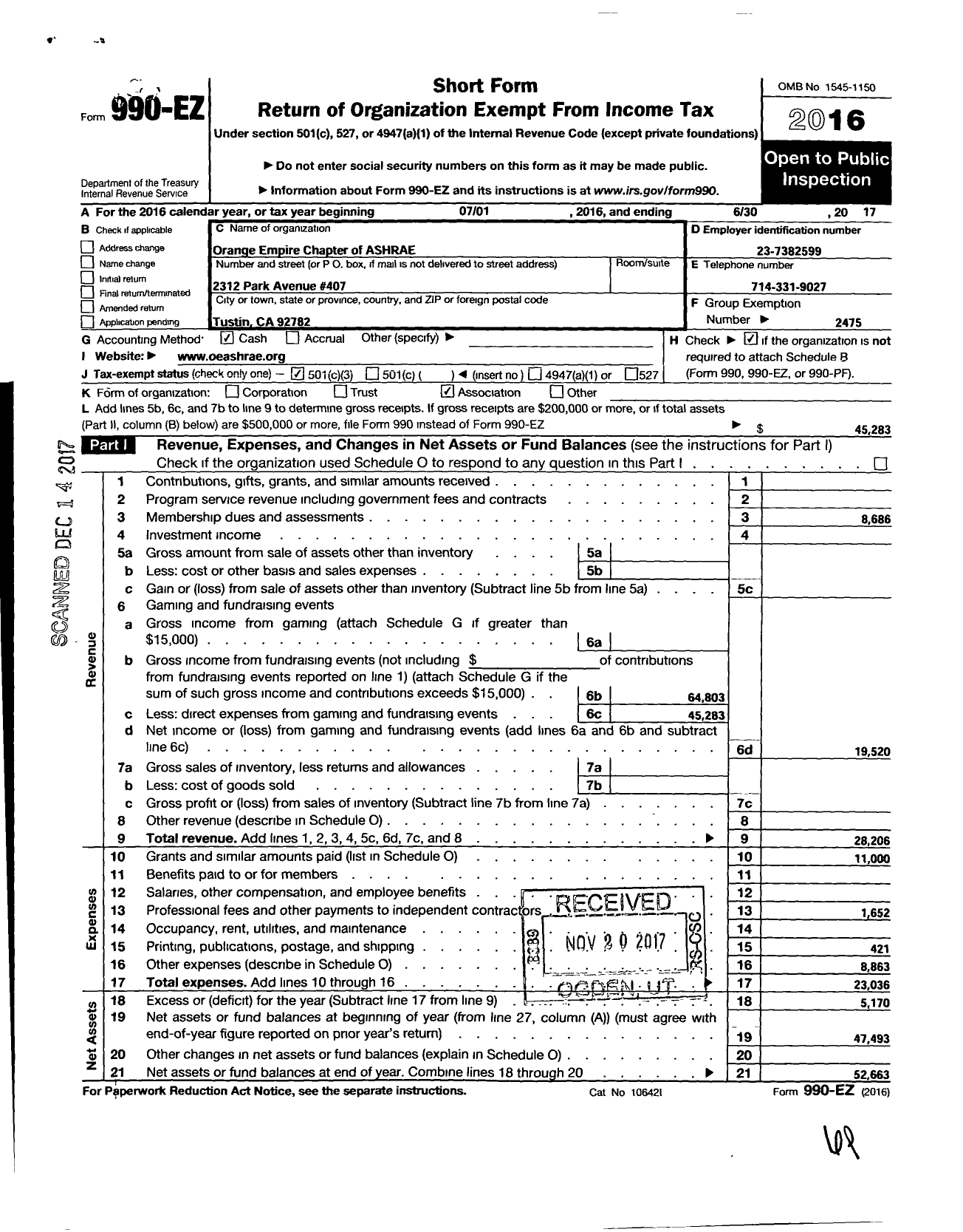 Image of first page of 2016 Form 990EZ for American Society of Heating Refrigerating and A-C Engineers / Orange Empire