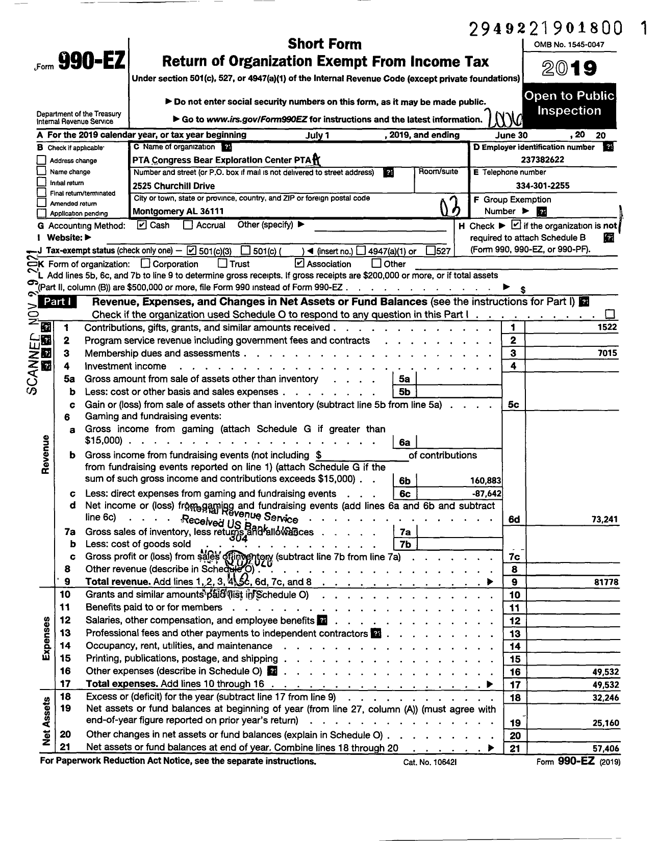 Image of first page of 2019 Form 990EZ for PTA Alabama Congress / Bear Exploration Center PTA