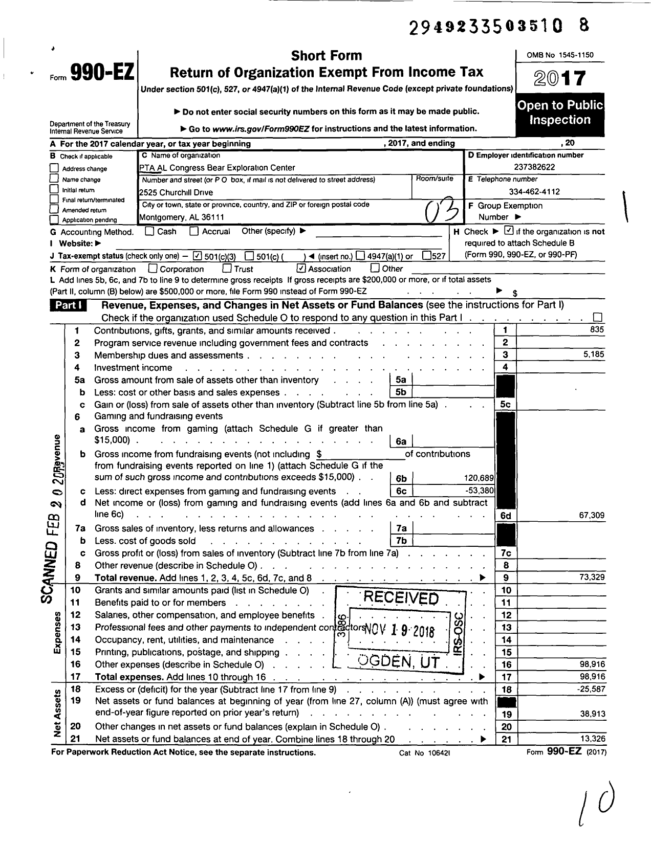 Image of first page of 2017 Form 990EZ for PTA Alabama Congress / Bear Exploration Center PTA