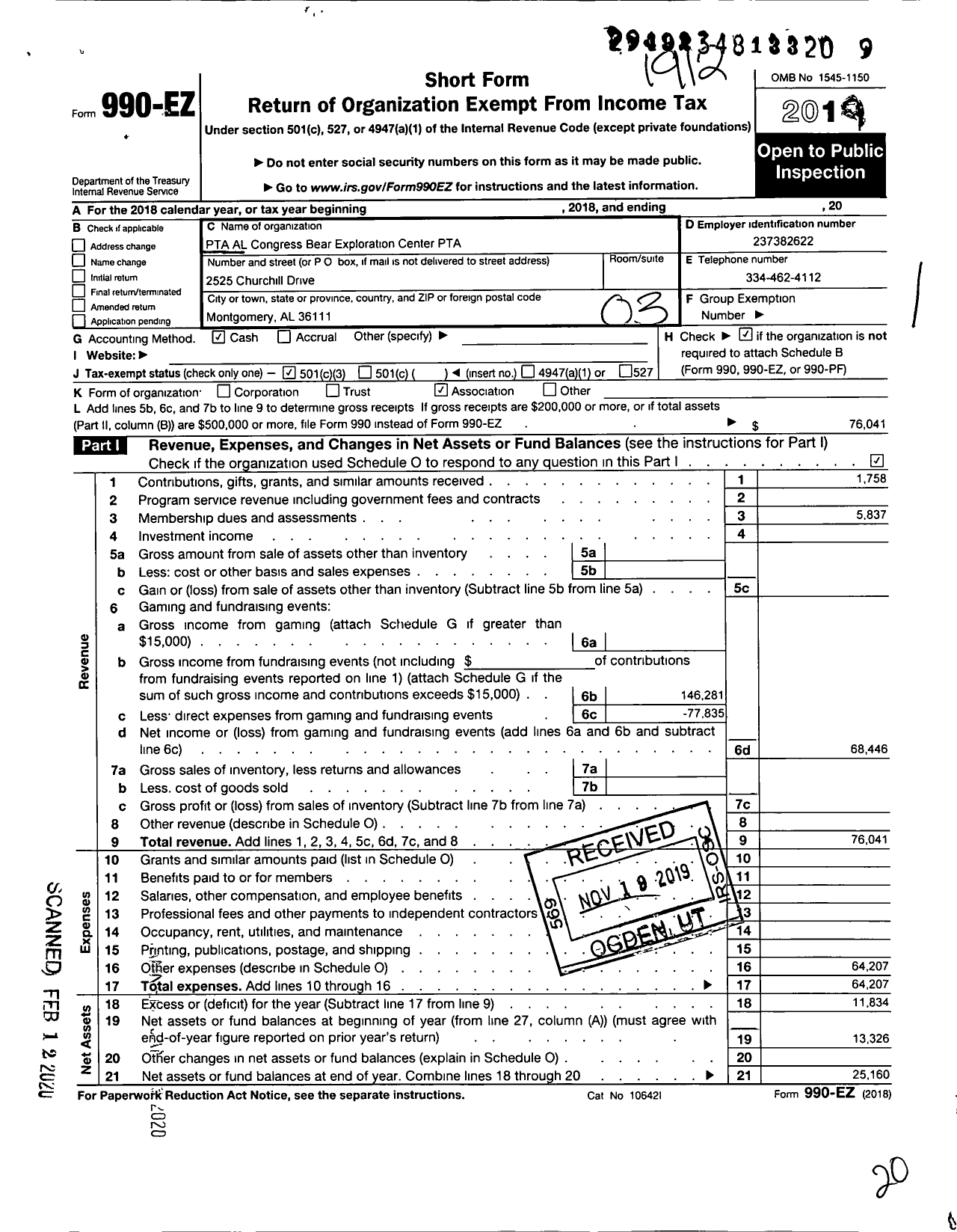 Image of first page of 2019 Form 990EZ for PTA Alabama Congress / Bear Exploration Center PTA