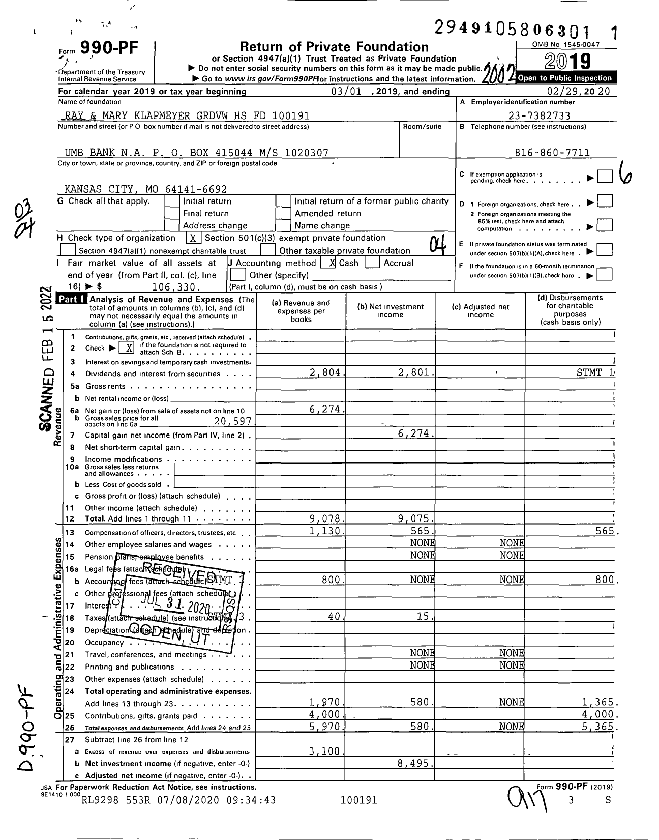 Image of first page of 2019 Form 990PF for Ray and Mary Klapmeyer GRDVW HS FD 10019100