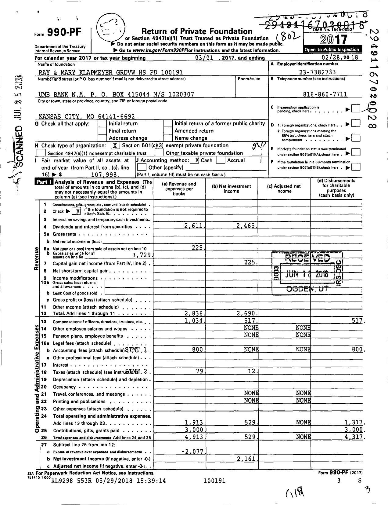 Image of first page of 2017 Form 990PF for Ray and Mary Klapmeyer GRDVW HS FD 10019100