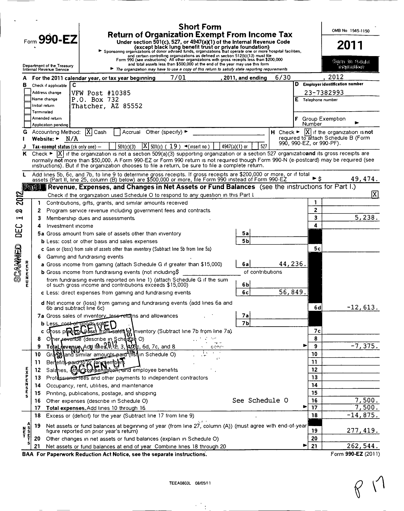 Image of first page of 2011 Form 990EO for Veterans of Foreign Wars of Arizona - 10385 Gila Valley Post