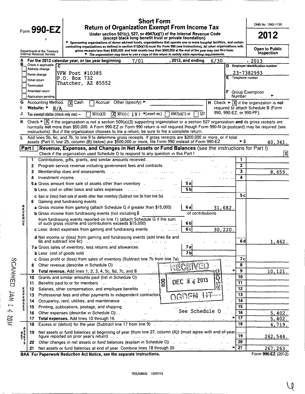 Image of first page of 2012 Form 990EO for Veterans of Foreign Wars of Arizona - 10385 Gila Valley Post