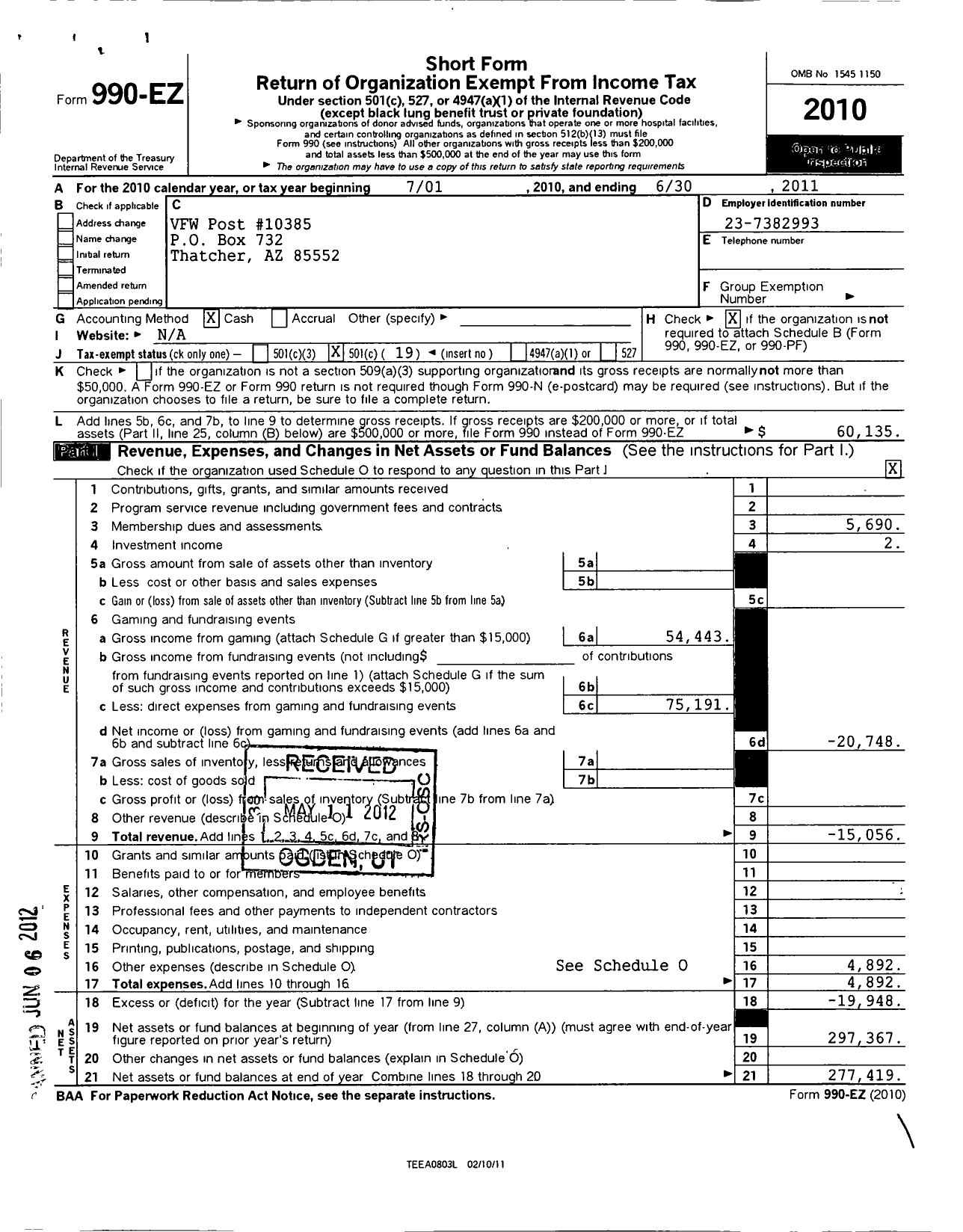 Image of first page of 2010 Form 990EO for Veterans of Foreign Wars of Arizona - 10385 Gila Valley Post