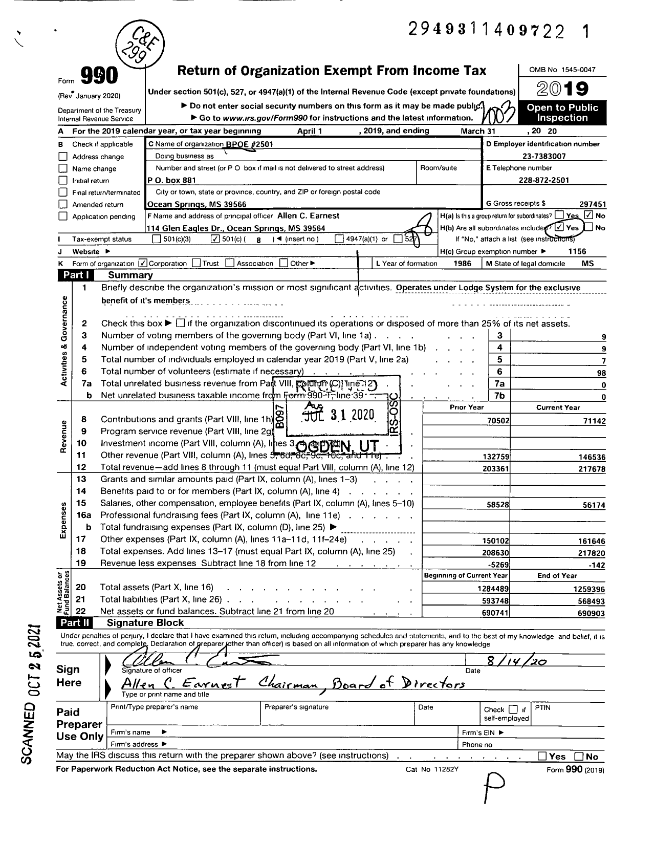 Image of first page of 2019 Form 990O for Benevolent and Protective Order of Elks - 2501 Ocean Spring