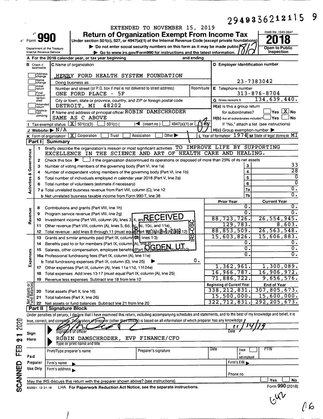 Image of first page of 2018 Form 990 for Henry Ford Health System Foundation