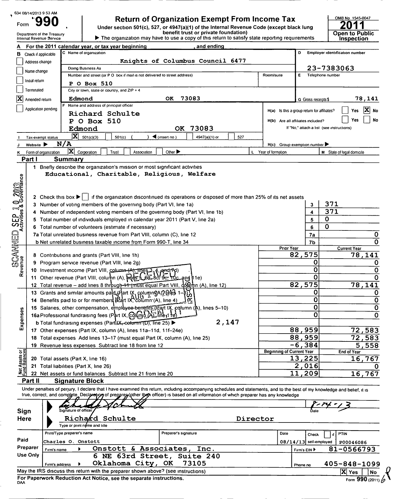 Image of first page of 2011 Form 990 for Knights of Columbus - 6477 Edmond Council