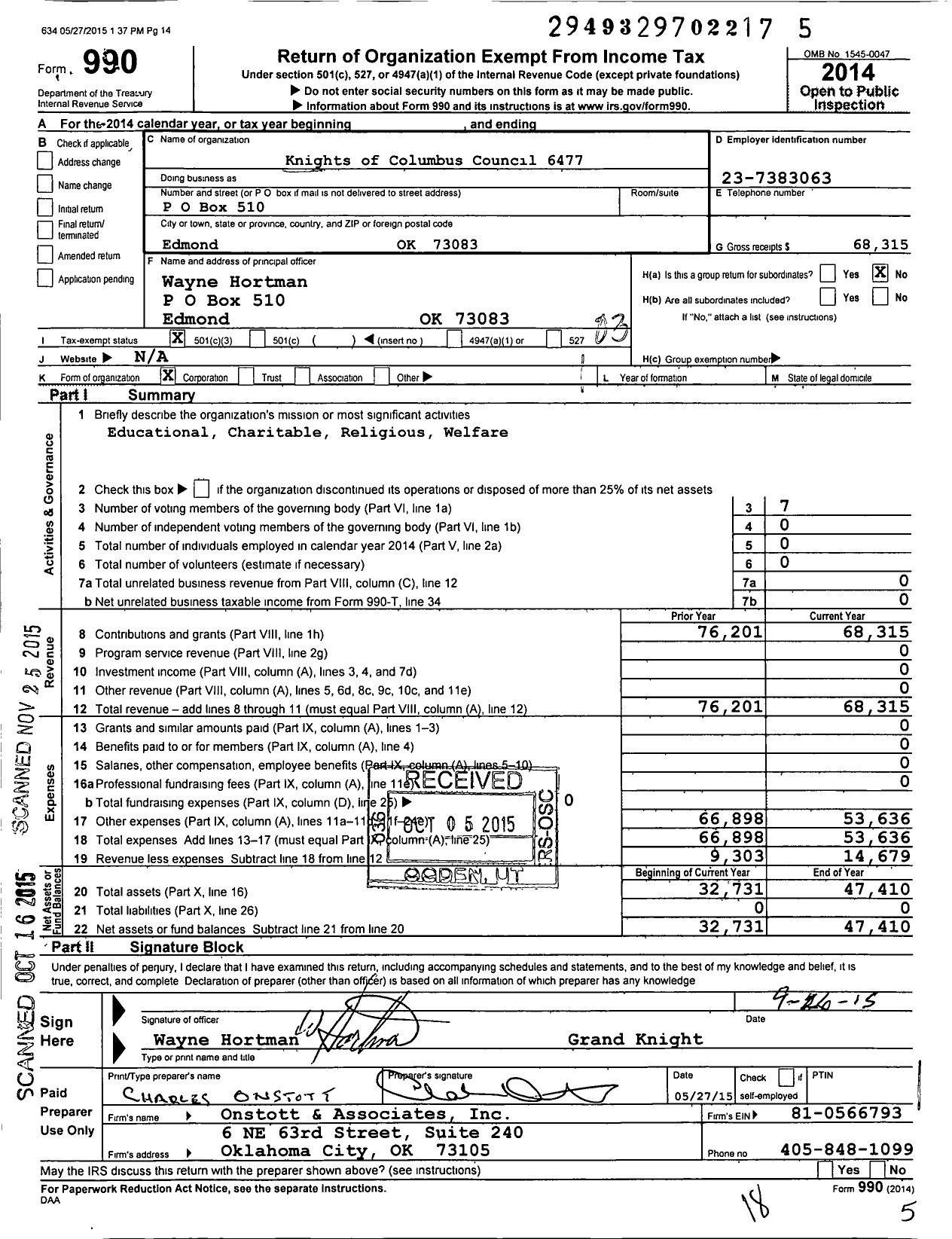 Image of first page of 2014 Form 990 for Knights of Columbus - 6477 Edmond Council