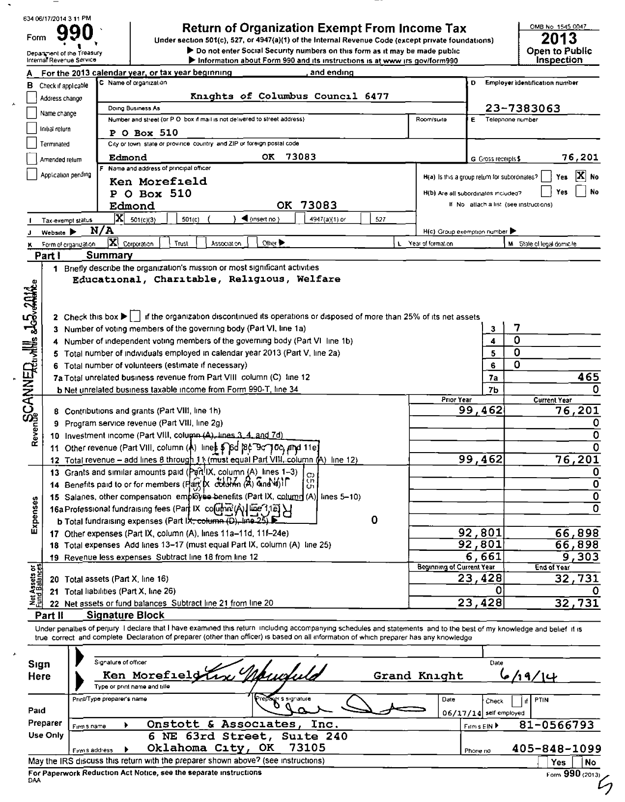 Image of first page of 2013 Form 990 for Knights of Columbus - 6477 Edmond Council