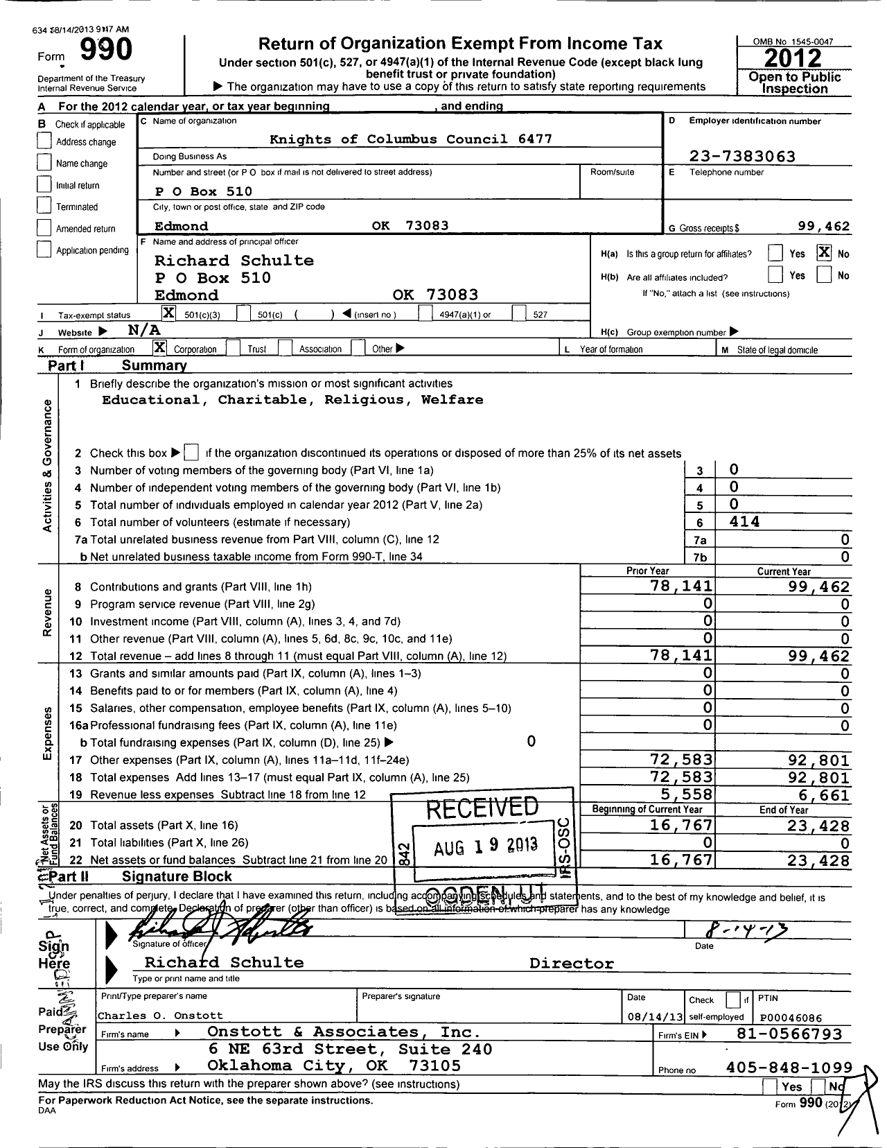 Image of first page of 2012 Form 990 for Knights of Columbus - 6477 Edmond Council