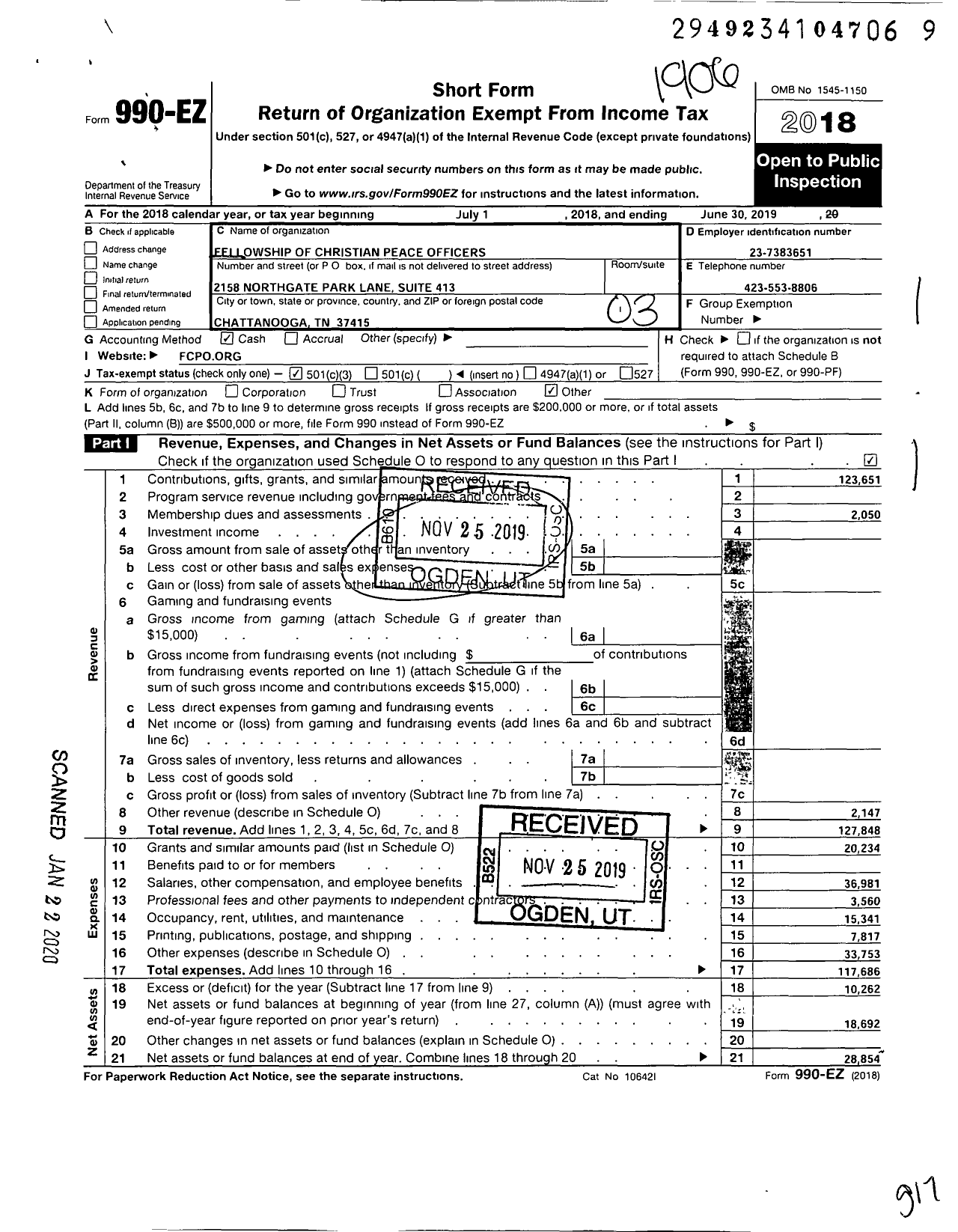 Image of first page of 2018 Form 990EZ for Fellowship of Christian Peace Officers - USA