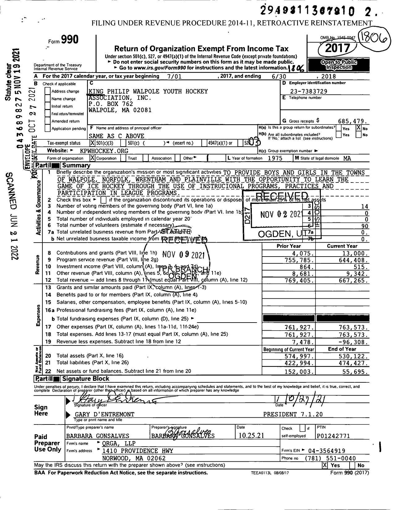 Image of first page of 2017 Form 990 for King Philip Walpole Youth Hockey Association