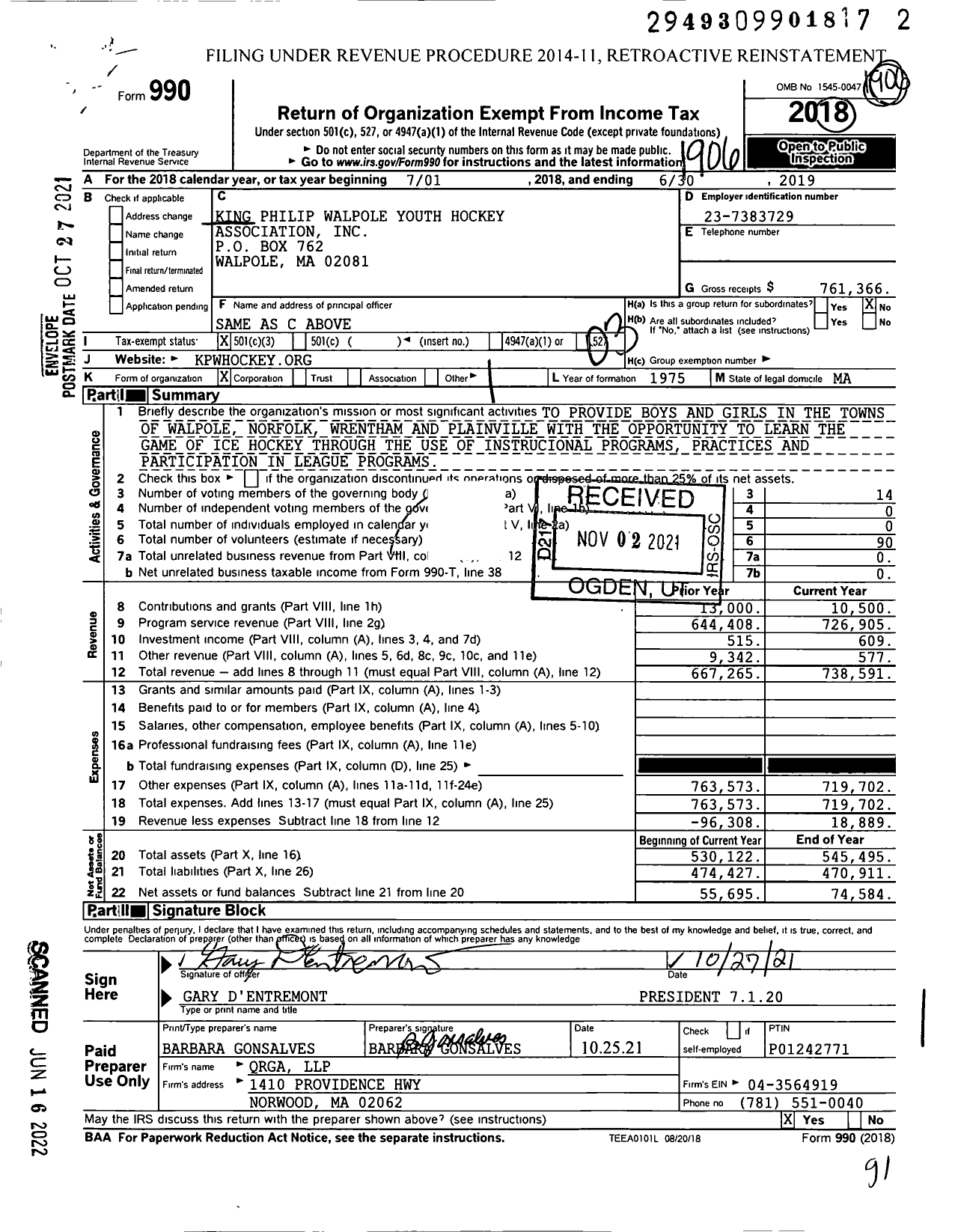 Image of first page of 2018 Form 990 for King Philip Walpole Youth Hockey Association