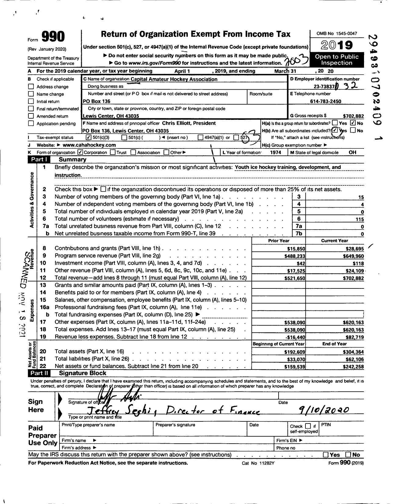 Image of first page of 2019 Form 990 for Capital Amateur Hockey Association (CAHA)