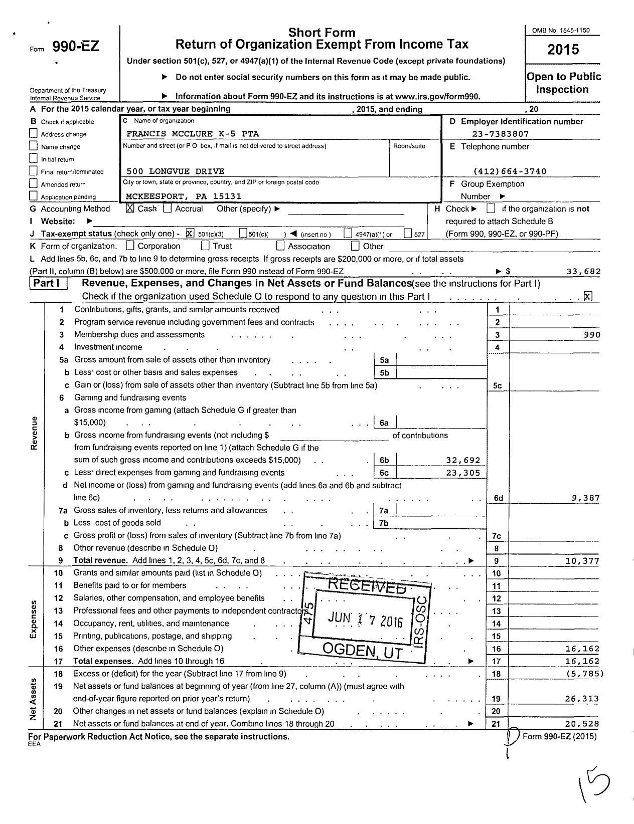 Image of first page of 2015 Form 990EZ for Francis Mcclure K-5 PTA