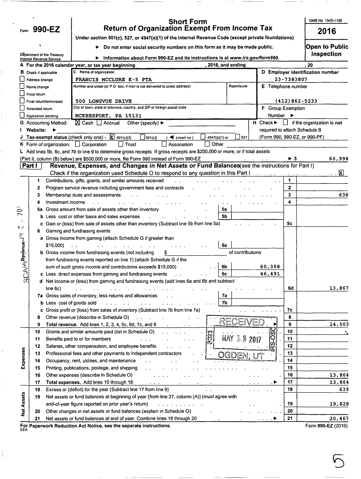Image of first page of 2016 Form 990EZ for Francis Mcclure K-5 PTA