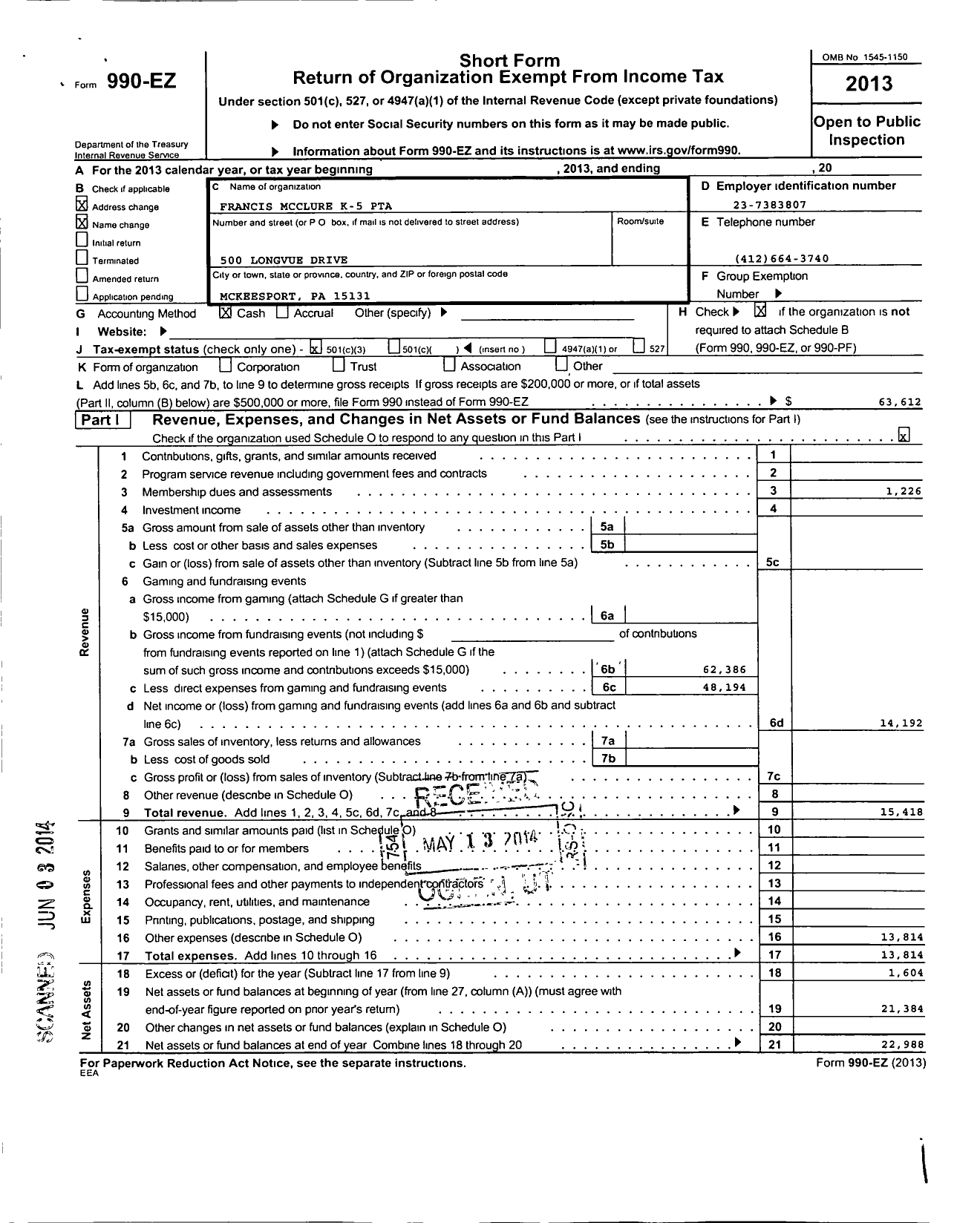 Image of first page of 2013 Form 990EZ for Francis Mcclure K-5 PTA