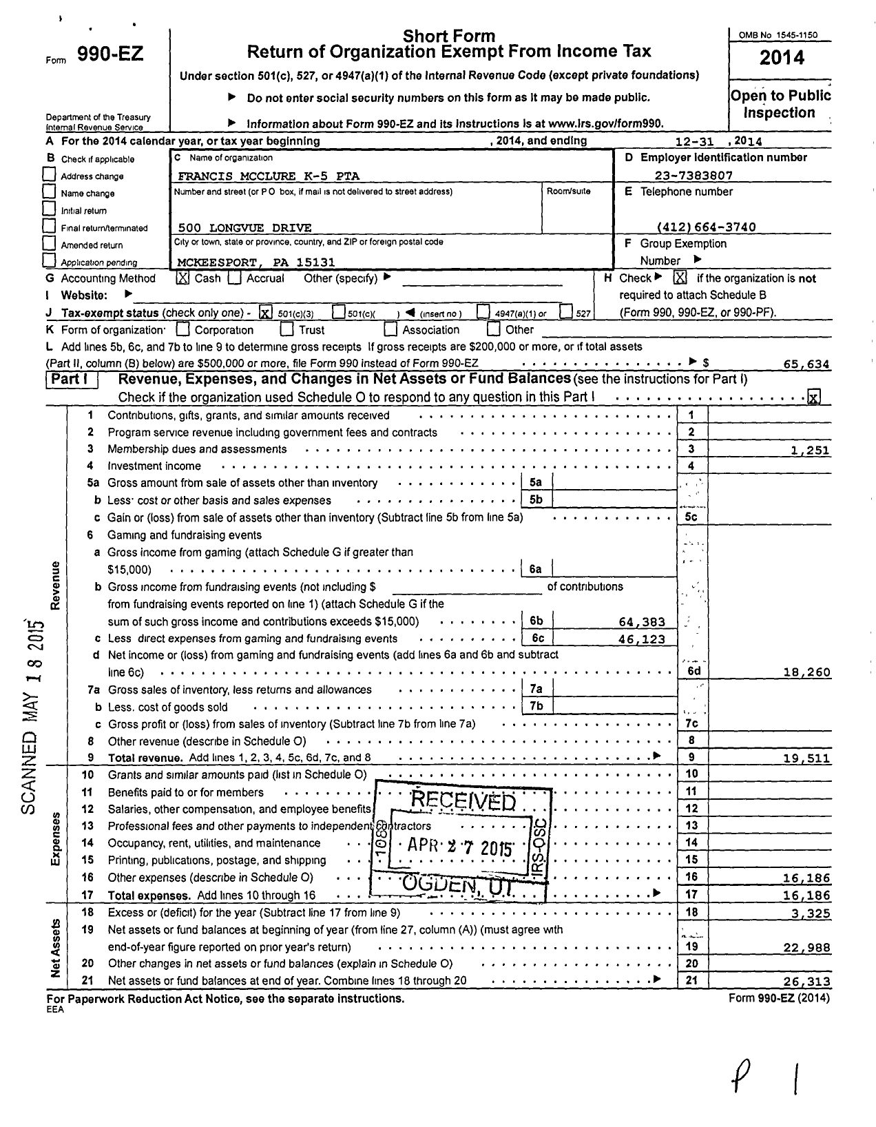 Image of first page of 2014 Form 990EZ for Francis Mcclure K-5 PTA