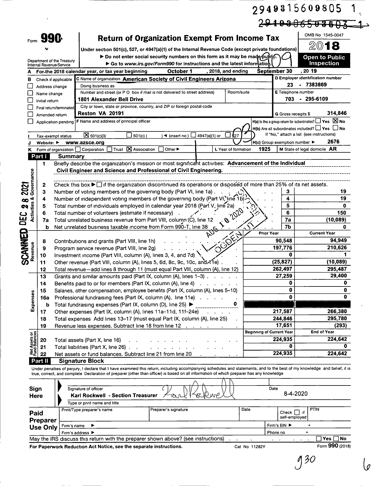 Image of first page of 2018 Form 990 for AMERICAN SOCIETY OF CIVIL ENGINEERS Arizona Section